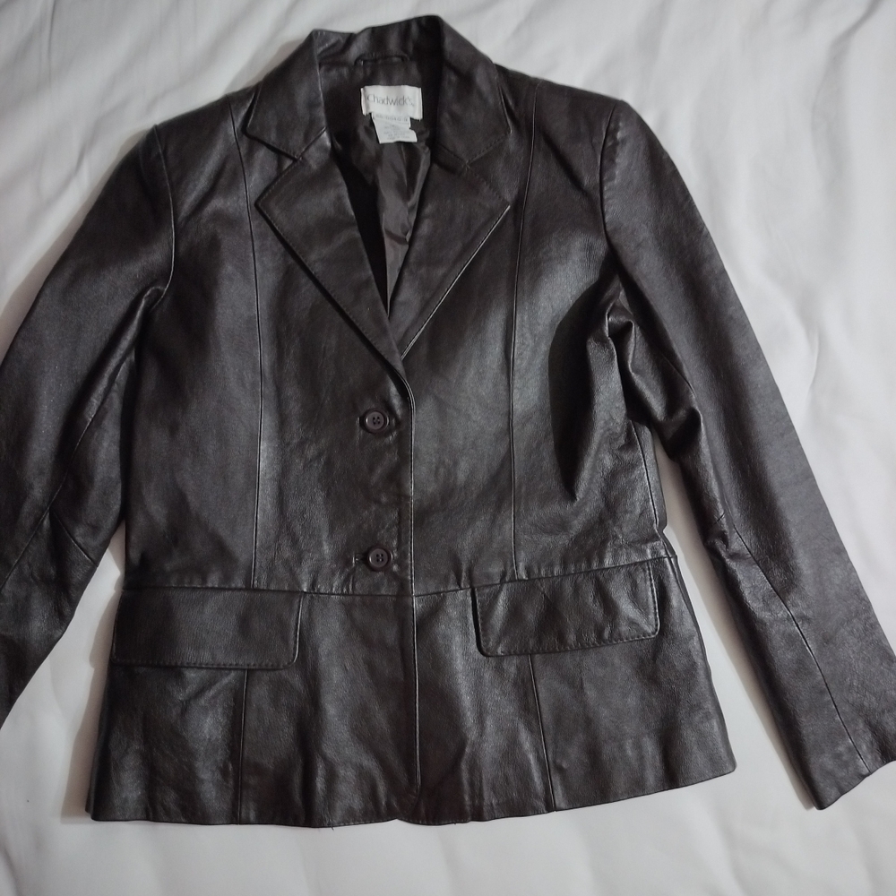 Women's Leather Jacket Size 4P Dark Brown Button Front Chadwicks